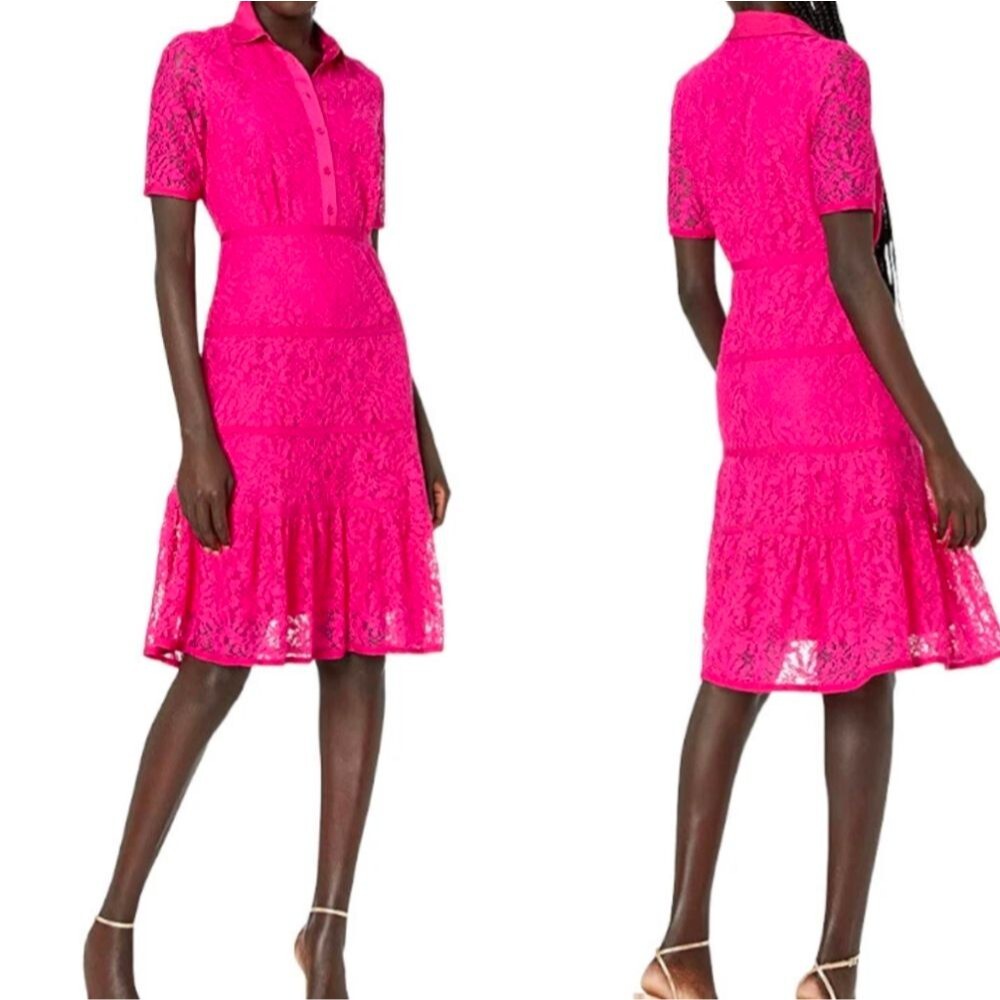 New Nanette Lepore Short Sleeve Lace Crochet Midi Dress Passion Pink  Size 4